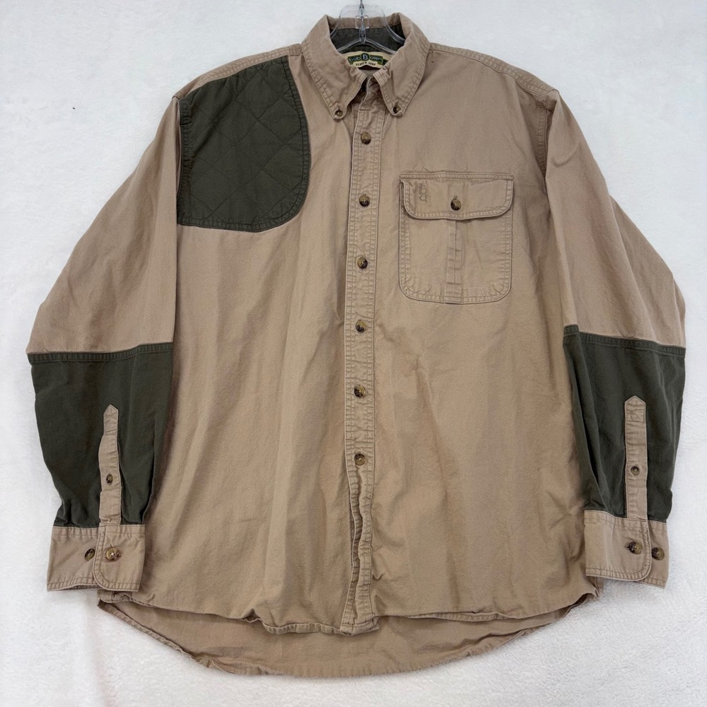 Bob Allen Mens Hunting Shirt Tan Olive Green Quilted Shooting Patch Cotton L
